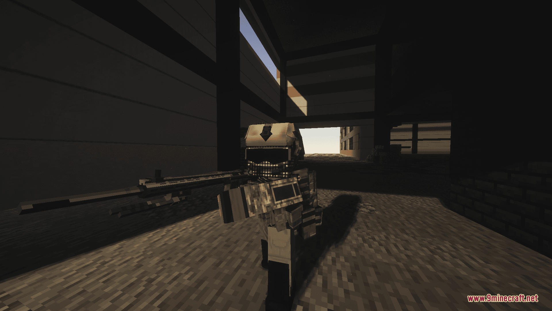 CAPS Awim TACTICAL GEAR Mod Screenshot 4 A player in white tactical gear holding a large sniper rifle inside a building
