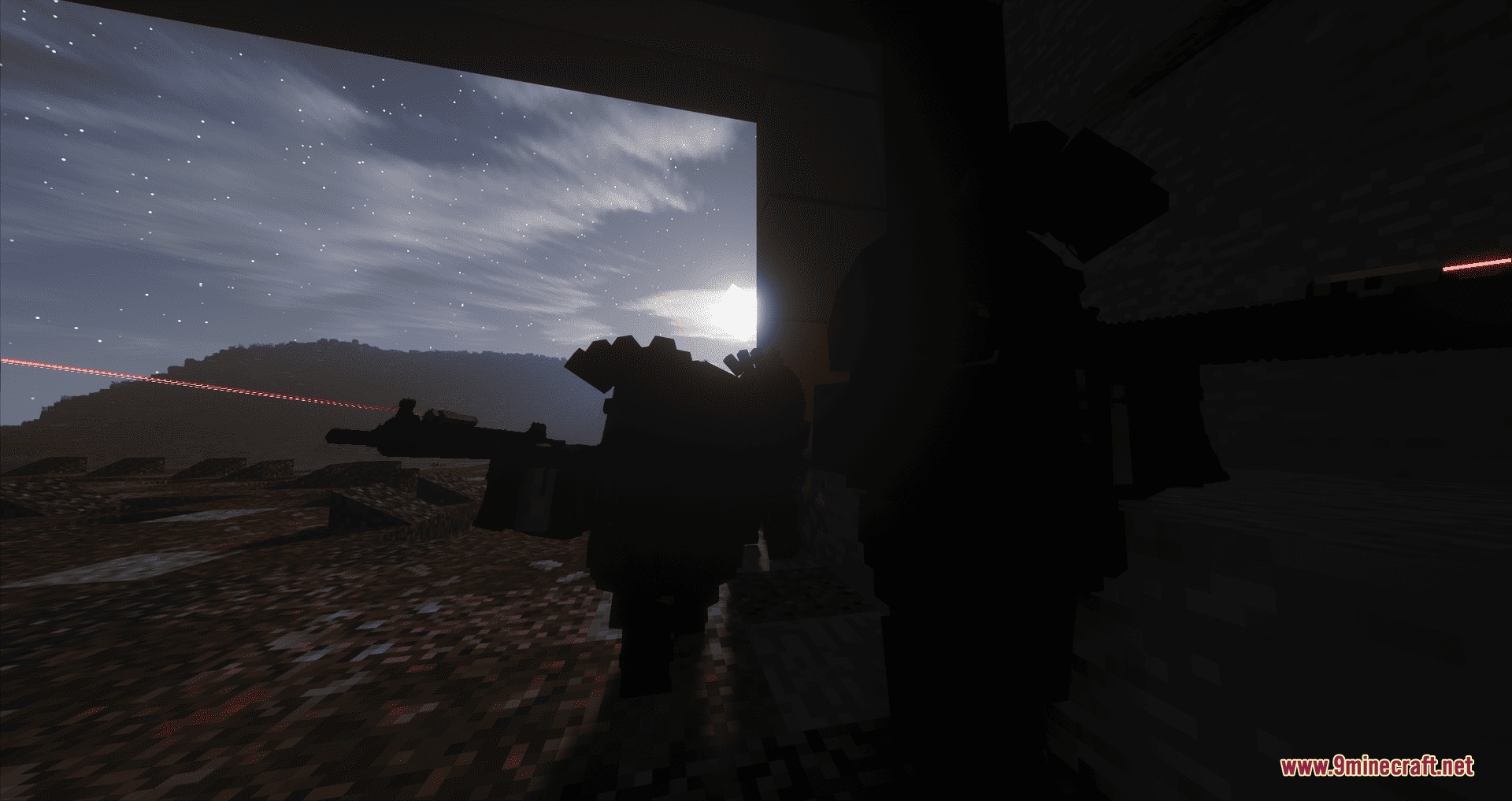 CAPS Awim TACTICAL GEAR Mod Screenshot 6 Two soldiers in silhouette aiming rifles with red laser sights at night