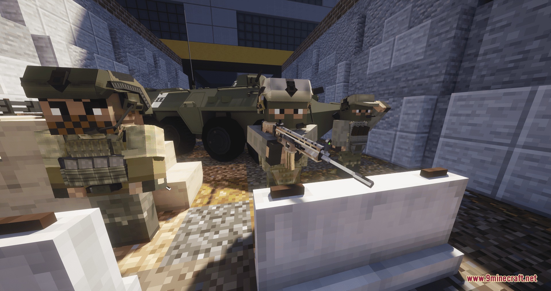 CAPS Awim TACTICAL GEAR Mod Screenshot 7 Soldiers in tactical gear standing near a military vehicle and concrete barriers