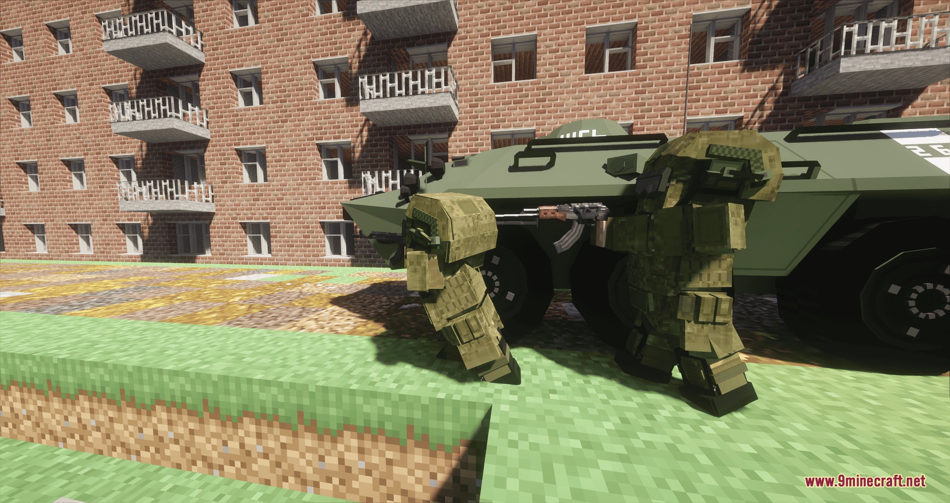 CAPS Awim TACTICAL GEAR Mod Screenshot 8 Two soldiers in camouflage taking cover behind an armored vehicle near a building