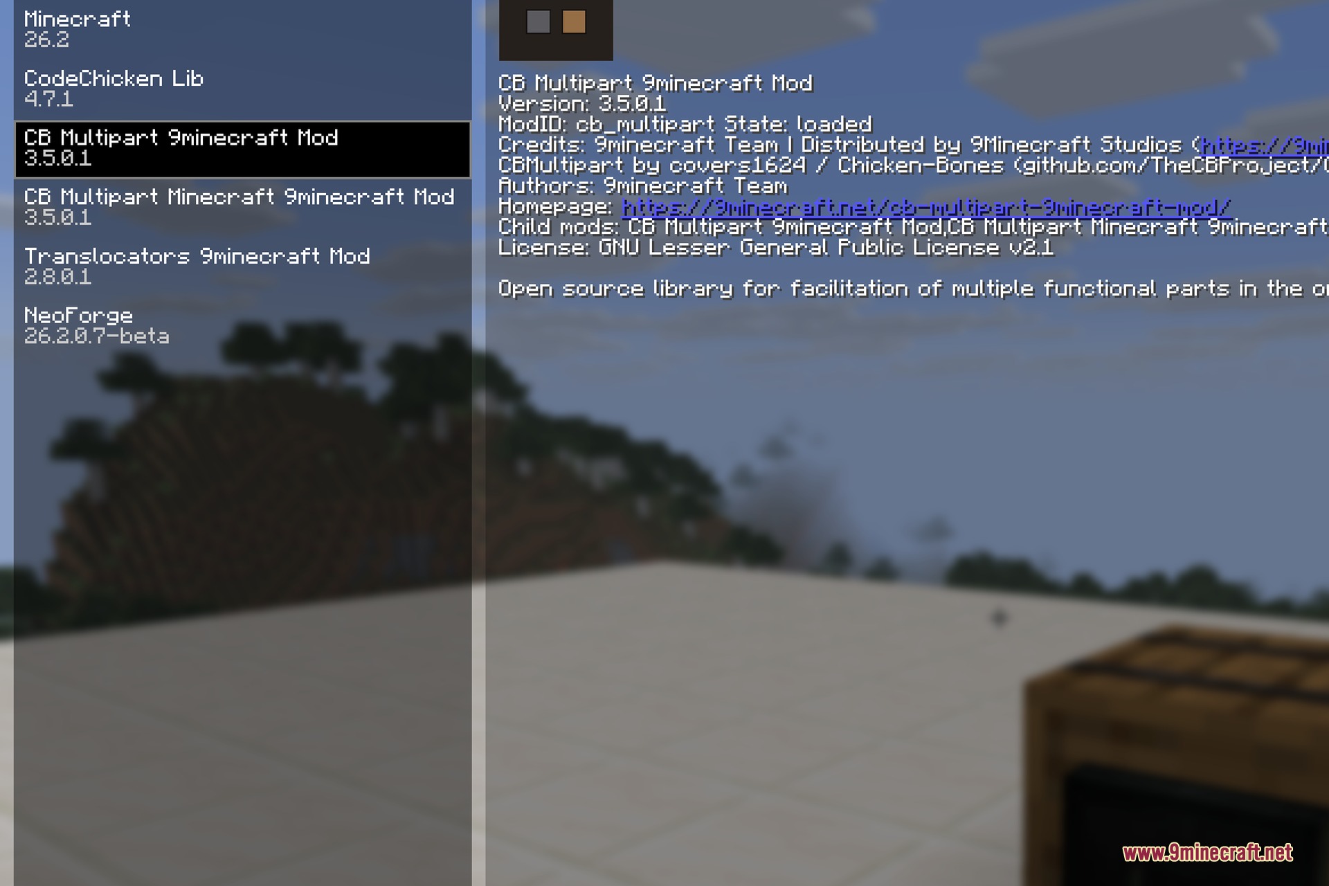 CB Multipart 9minecraft Mod Screenshot 1 Minecraft mod menu displaying details for the CB Multipart core library mod