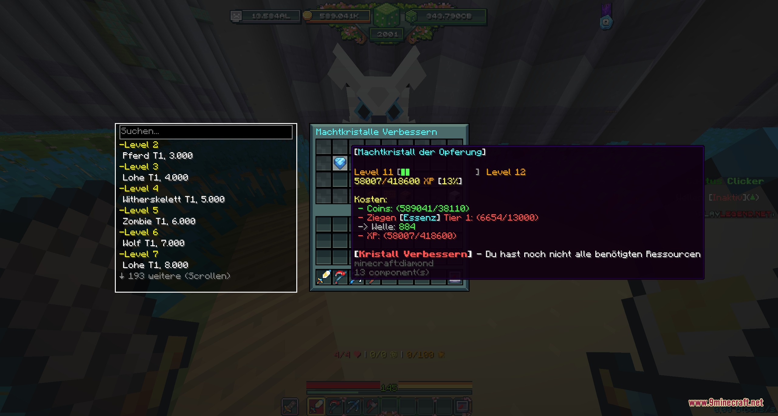 CC Live Utilities Mod Screenshot 5 Custom menu showing power crystal upgrade costs and mob search list