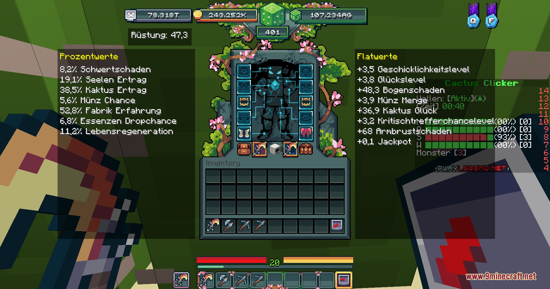 CC Live Utilities Mod Screenshot 6 Character equipment screen displaying detailed combat stats and resource collection bonuses