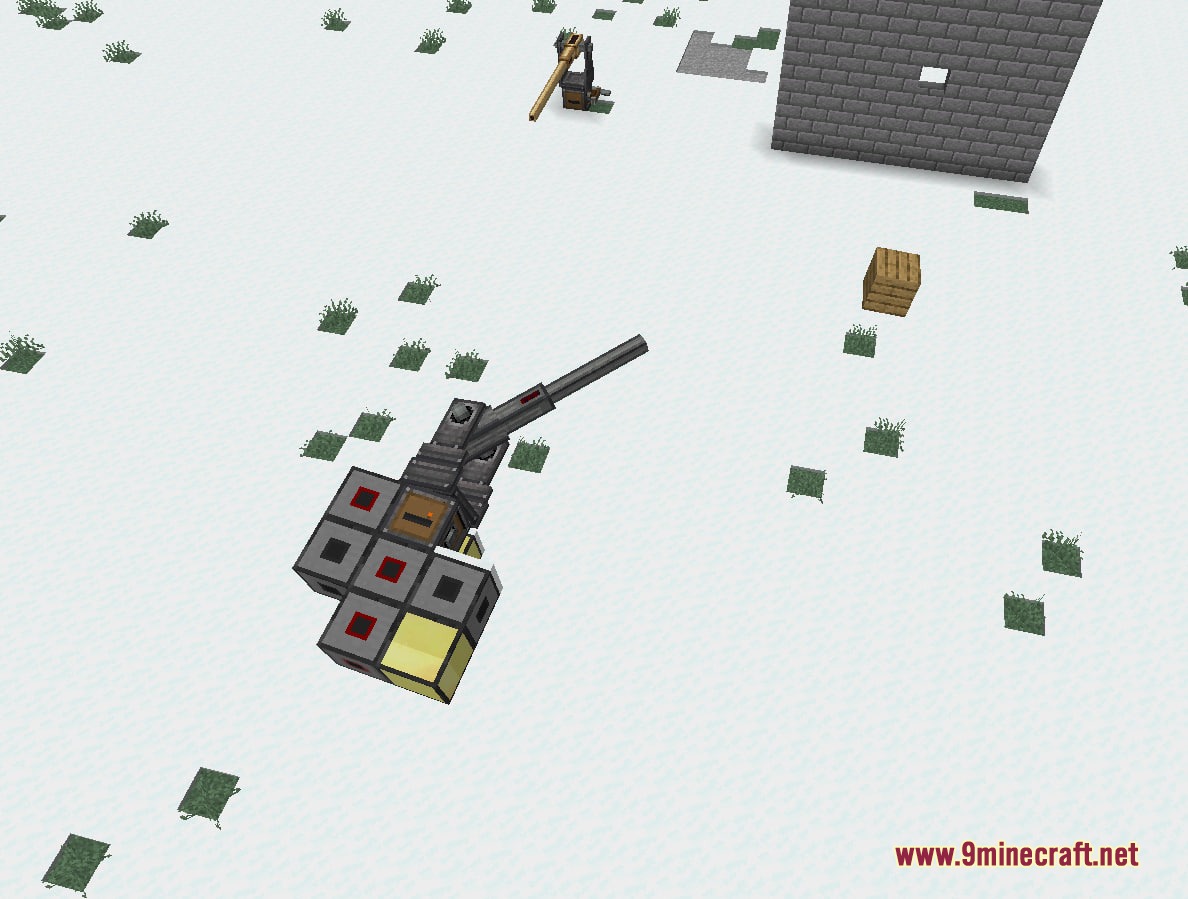 A heavy cannon assembly controlled by a computer in a snowy biome