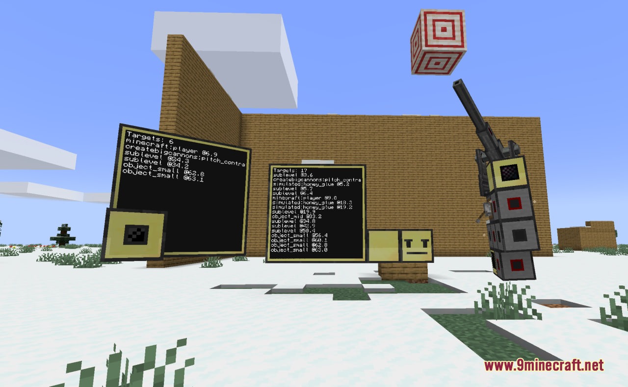 Sensors tracking targets to aim a large cannon in a snowy Minecraft biome