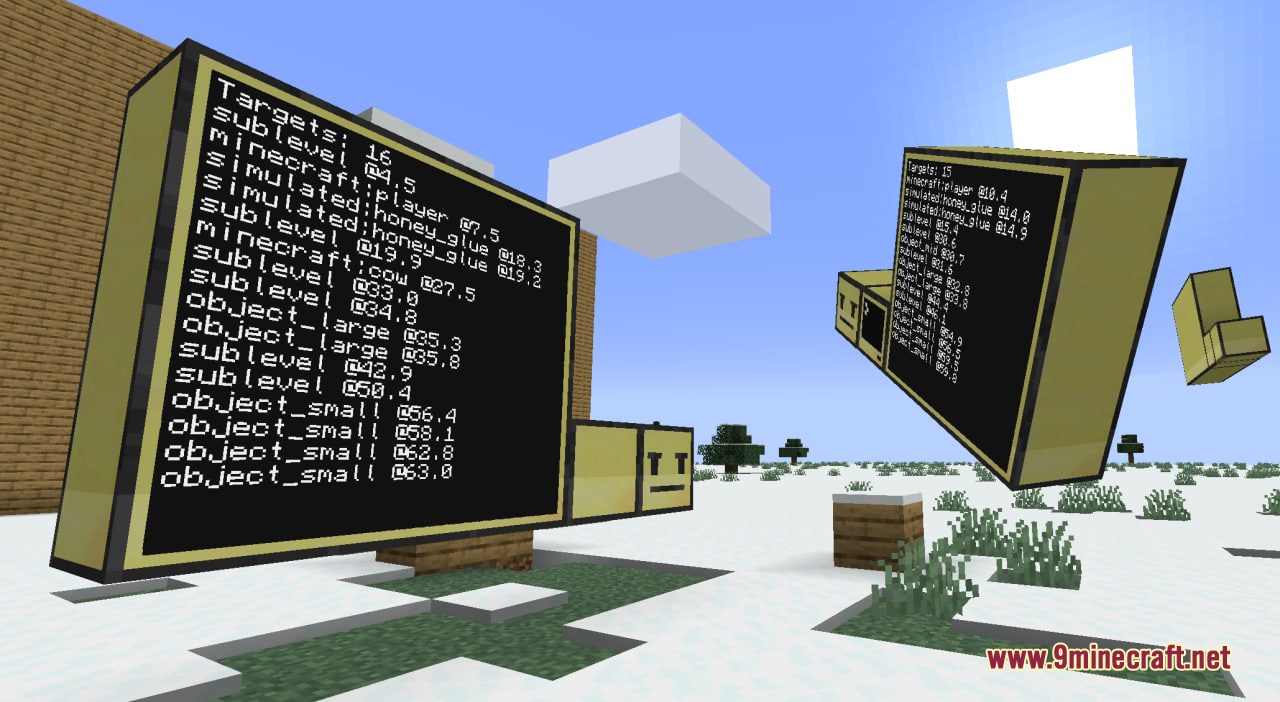 Computer screens displaying a list of detected entities and their distances in Minecraft