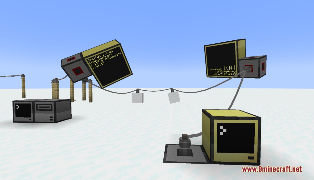 Net cable connectors and hubs linking multiple computer monitors in a snowy world
