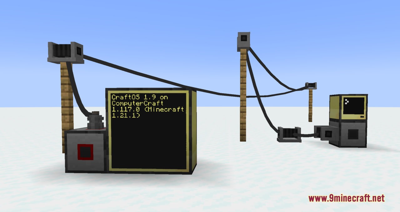 Visible network cables connecting computer setups across long distances using wooden poles