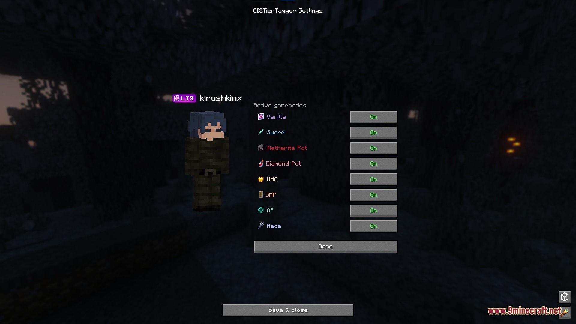 CIS Tier Tagger Mod Screenshot 3 Minecraft settings menu for toggling active game modes in CIS Tier Tagger