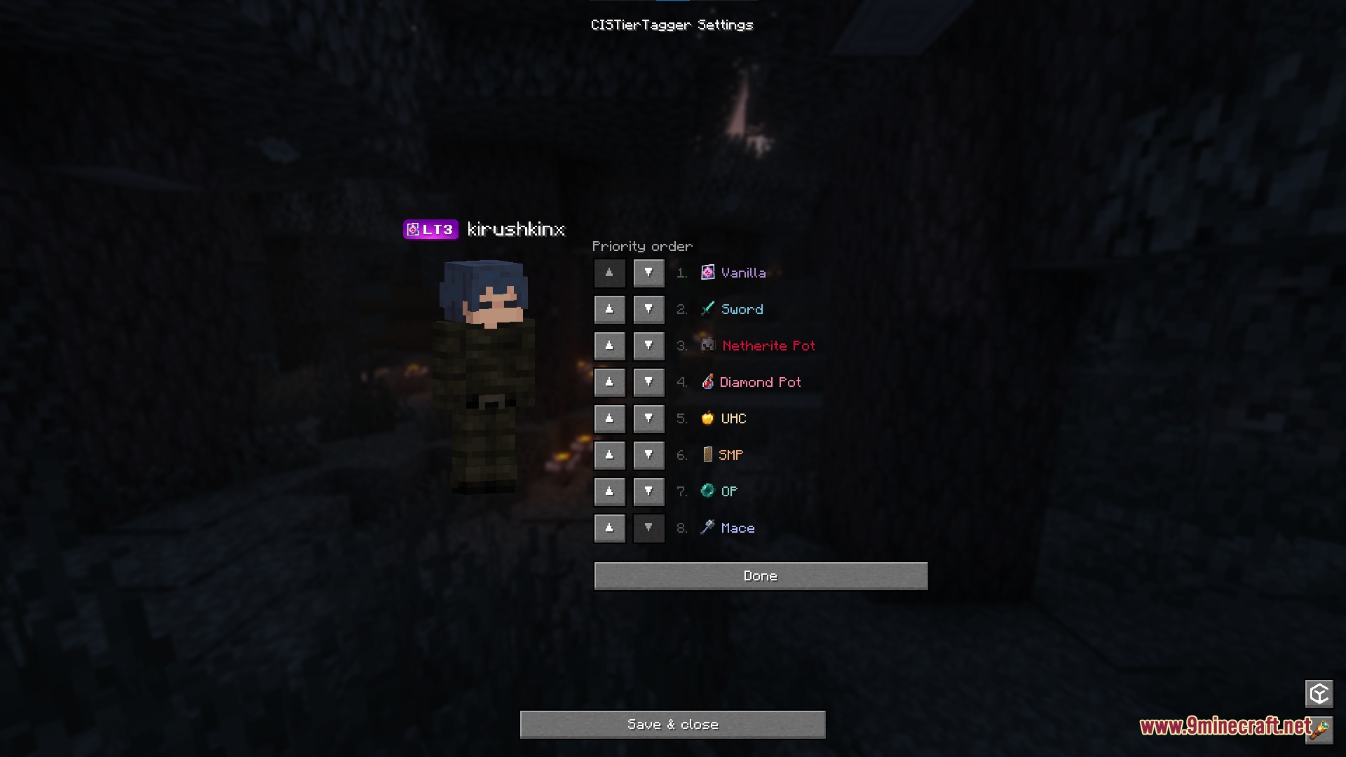 CIS Tier Tagger Mod Screenshot 4 Minecraft menu showing priority order settings for various competitive game mode rankings