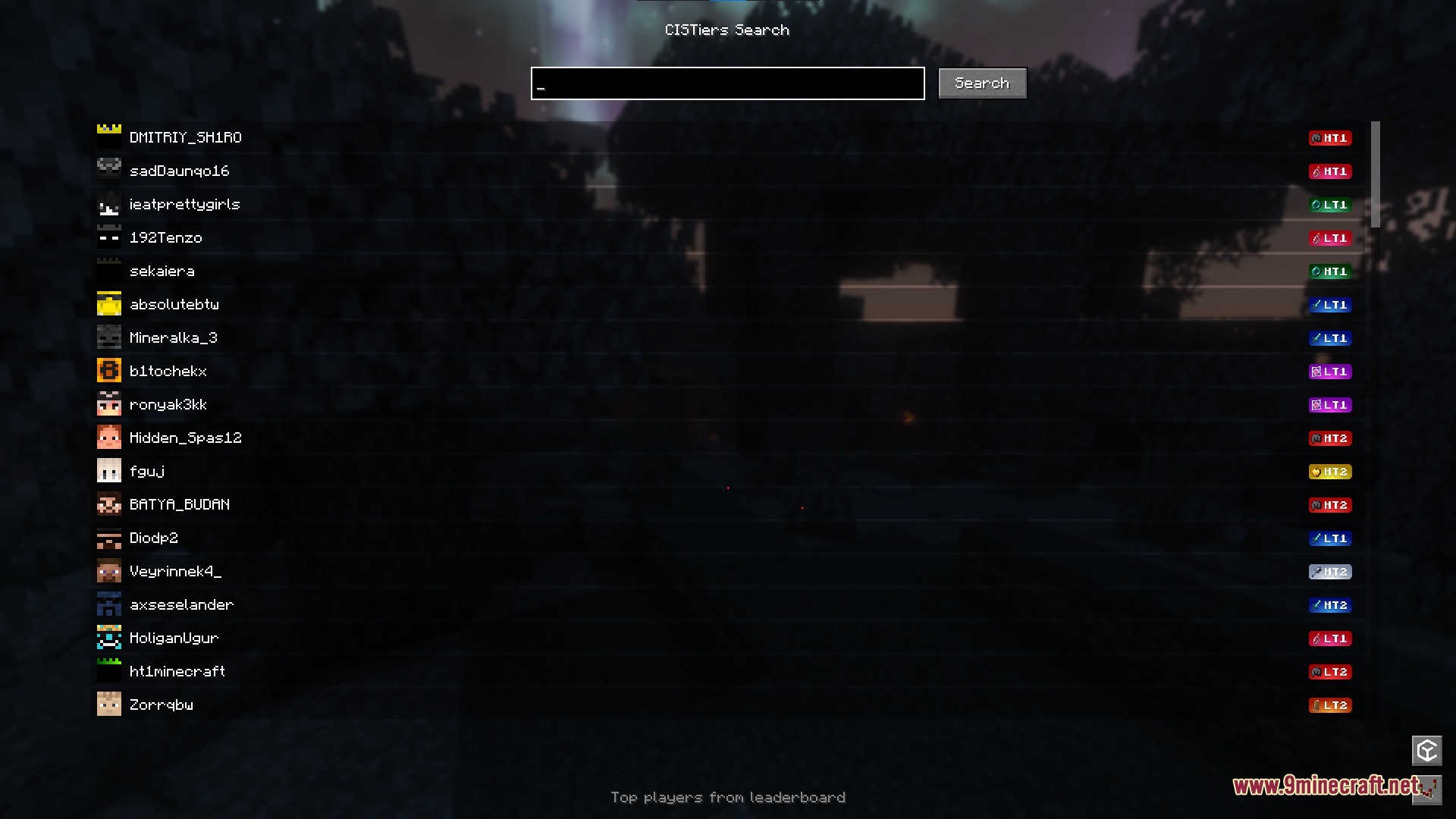CIS Tier Tagger Mod Screenshot 5 A Minecraft leaderboard screen showing player names and their competitive skill tier badges