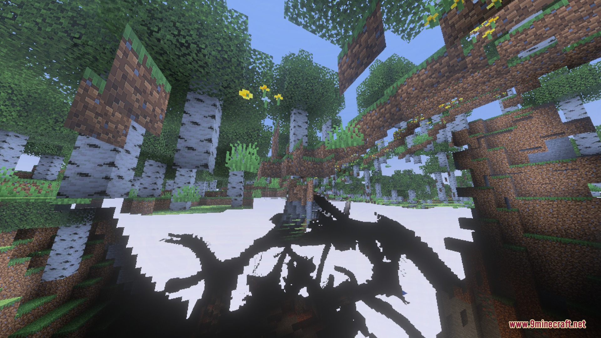 CLEAR FOG VISUAL Shader Screenshot 3 Glitched perspective of a birch forest with floating blocks and a white void