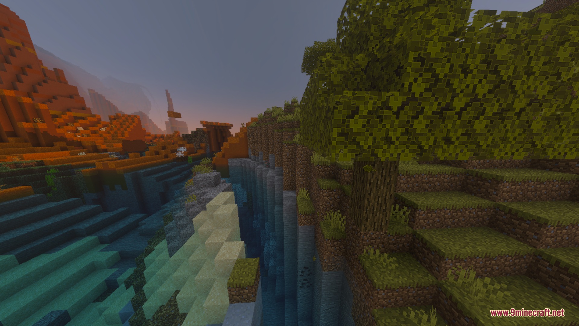 CLEAR FOG VISUAL Shader Screenshot 4 Clear view of a river flowing between a mesa biome and a forest