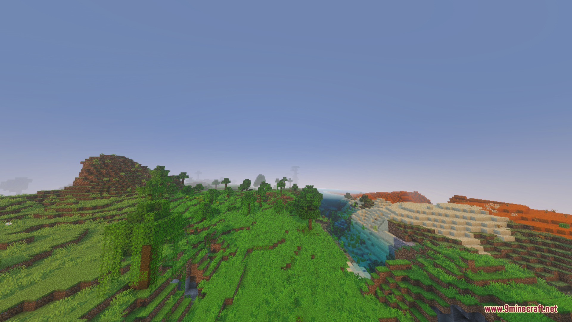 CLEAR FOG VISUAL Shader Screenshot 5 A vast Minecraft landscape with green hills and clear distant terrain visibility