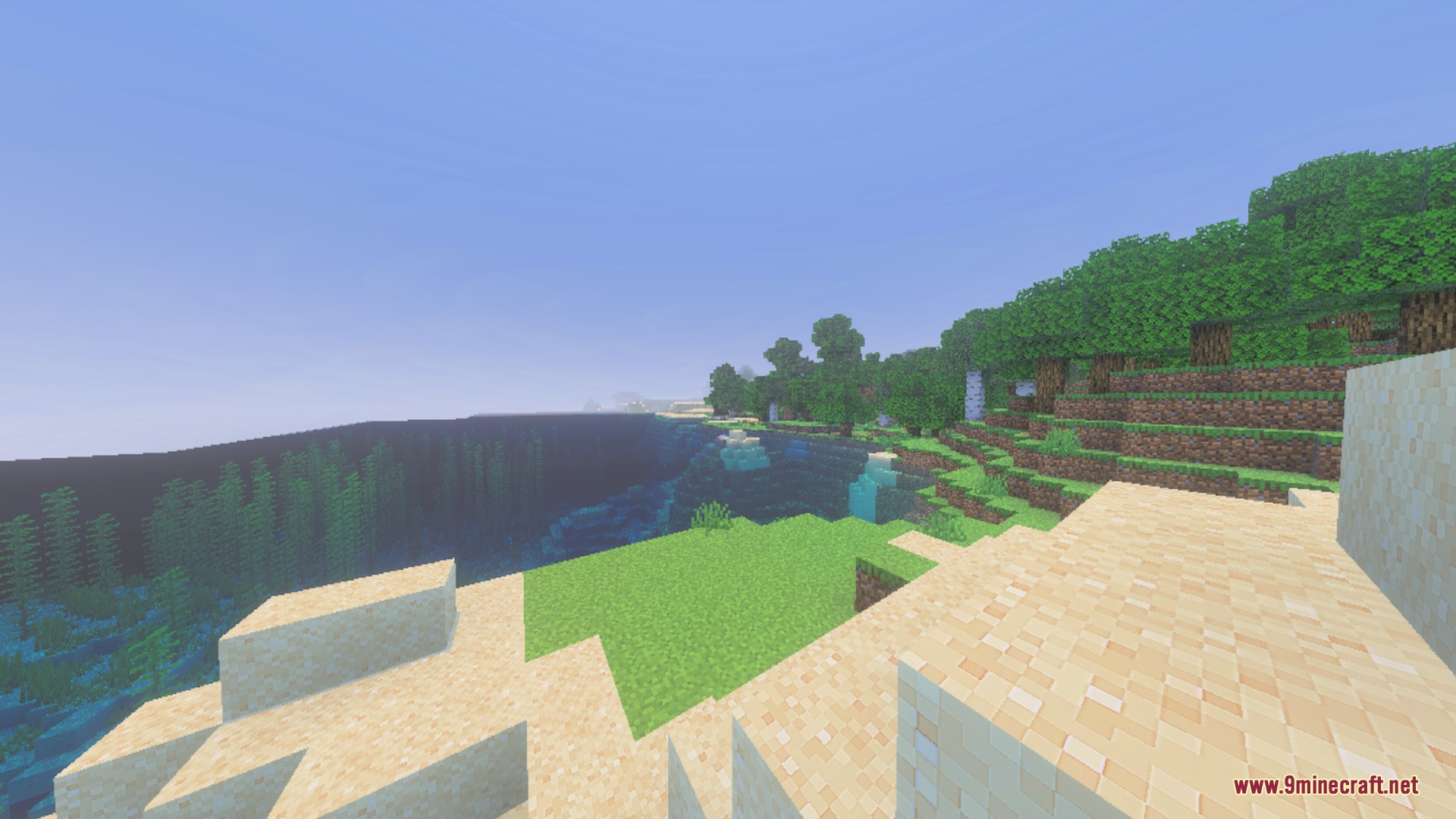 CLEAR FOG VISUAL Shader Screenshot 6 Clear view of a river and forest from a sandy Minecraft hilltop