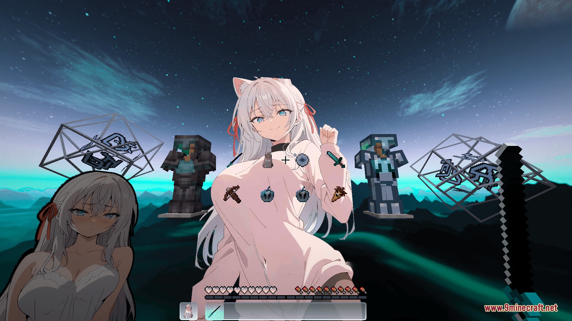 CPvP Alya Kujo Anime Sky Resource Pack Screenshot 1 Anime character overlay on Minecraft gameplay with custom armor stands and items