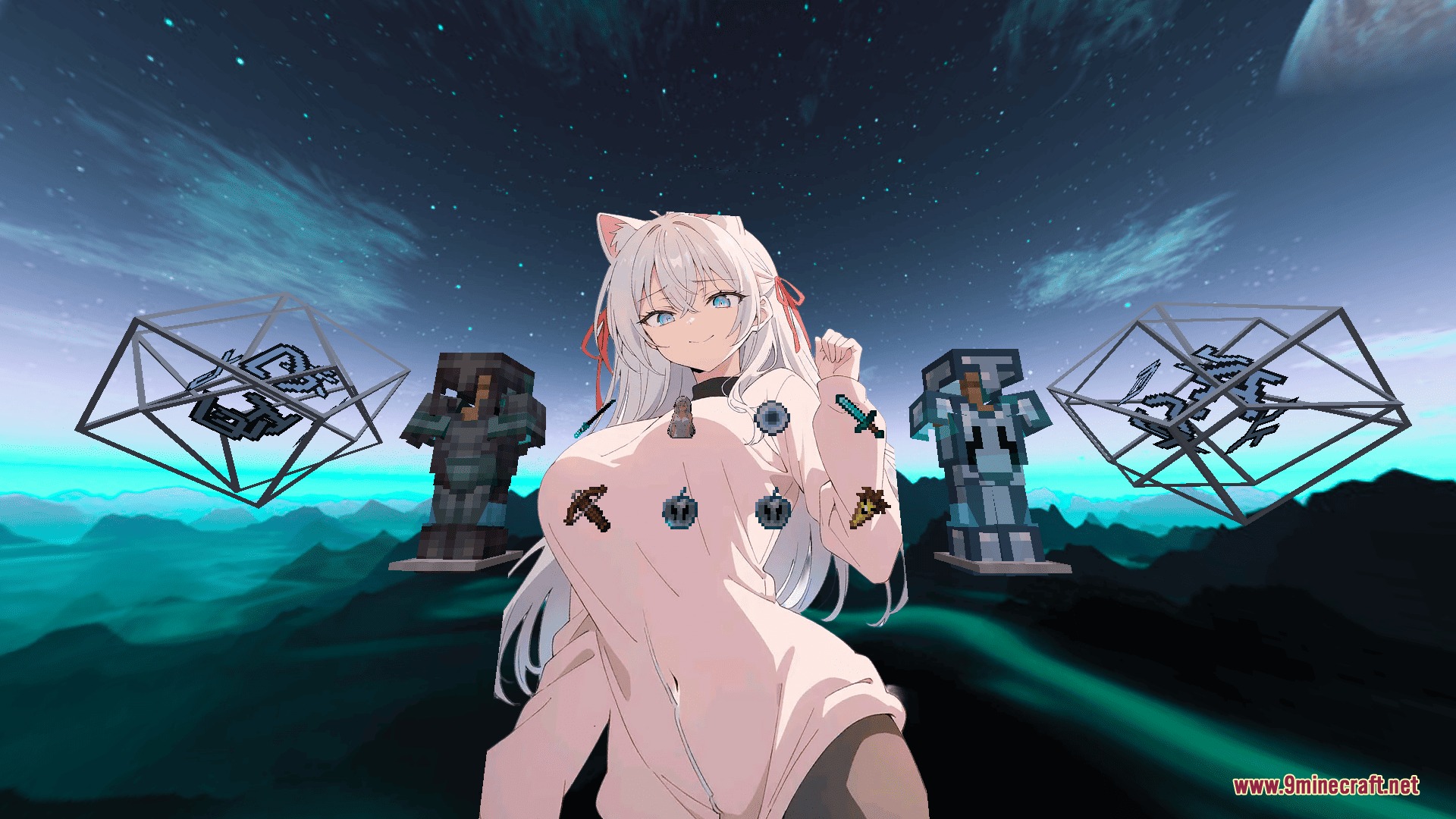 CPvP Alya Kujo Anime Sky Resource Pack Screenshot 5 Anime girl standing in front of floating Minecraft armor and combat items
