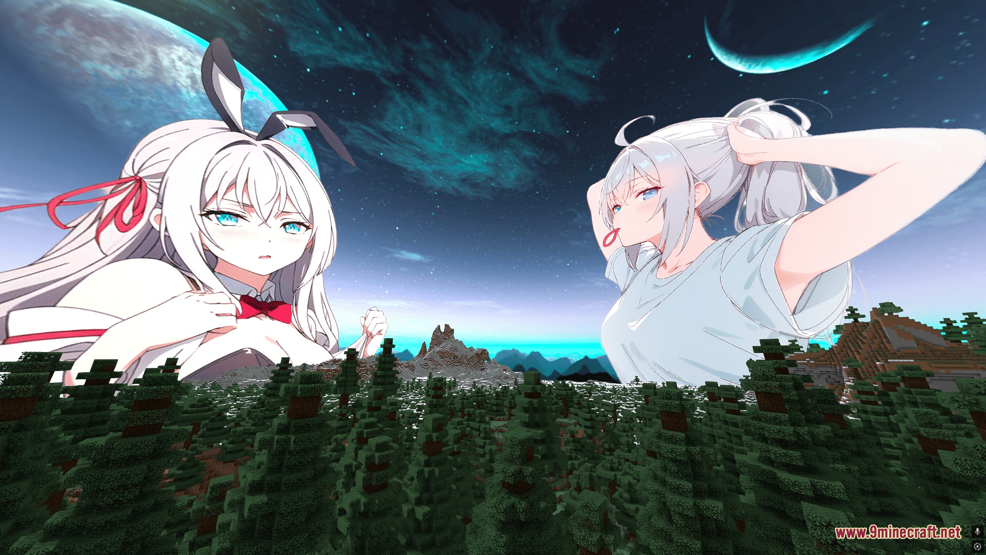 CPvP Alya Kujo Anime Sky Resource Pack Screenshot 6 Two giant anime girls appearing in the sky above a Minecraft forest biome