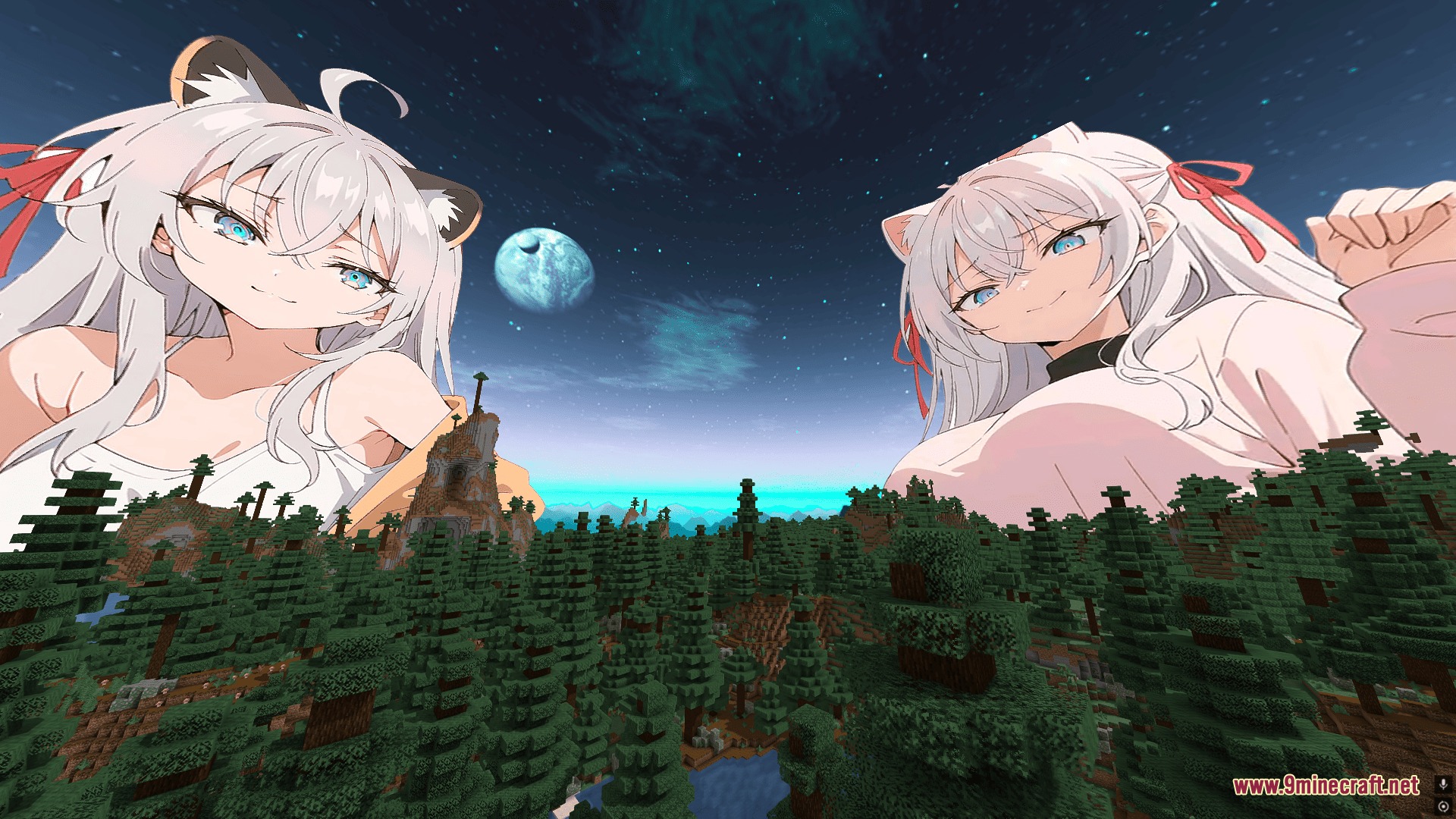 CPvP Alya Kujo Anime Sky Resource Pack Screenshot 7 Giant Alya Kujo anime girls looking down at a Minecraft spruce forest