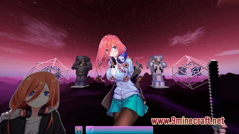 CPvP Miku Nakano Anime Sky Resource Pack Screenshot 1 Minecraft main menu featuring Miku Nakano anime character and custom pink buttons