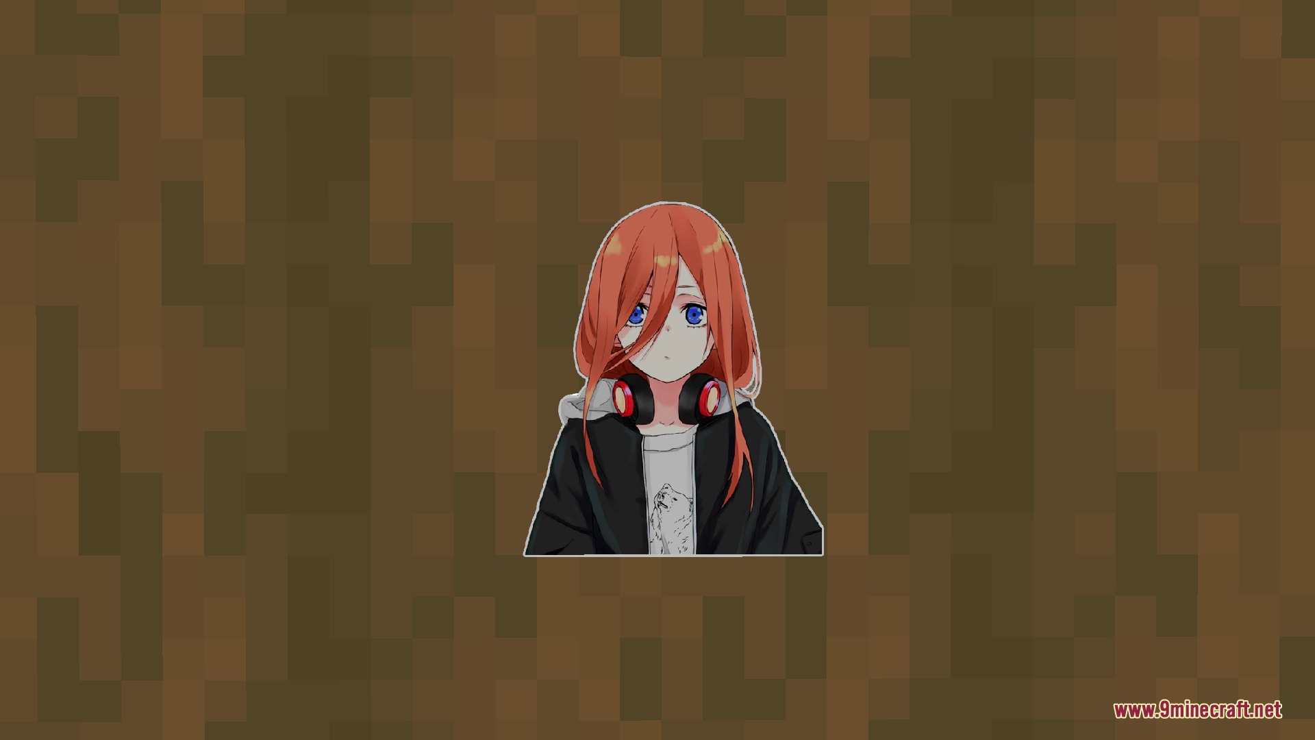 CPvP Miku Nakano Anime Sky Resource Pack Screenshot 3 Miku Nakano anime character centered on a brown wood texture Minecraft background