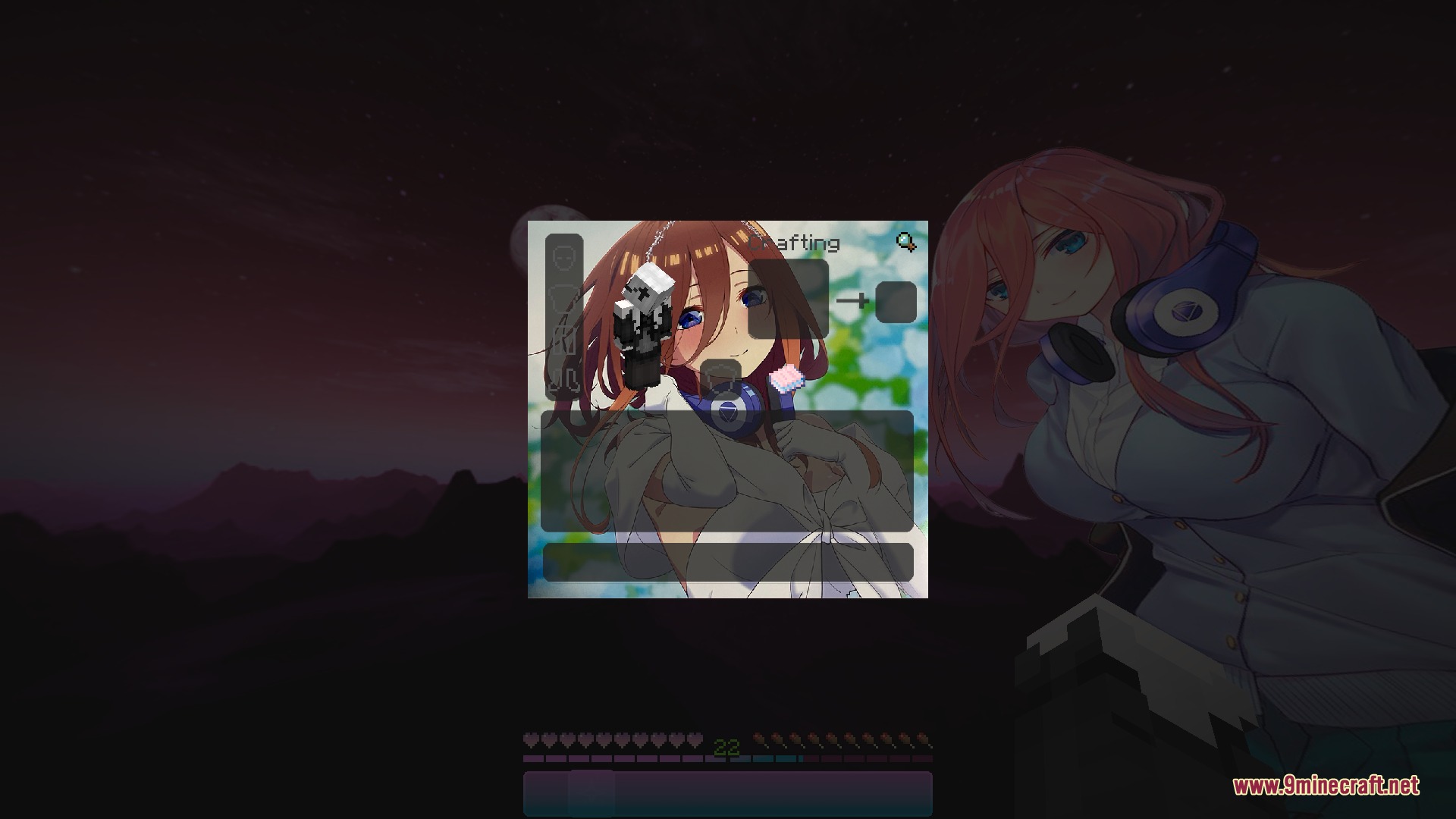 CPvP Miku Nakano Anime Sky Resource Pack Screenshot 4 Custom Minecraft inventory GUI featuring anime girl artwork and a dark background