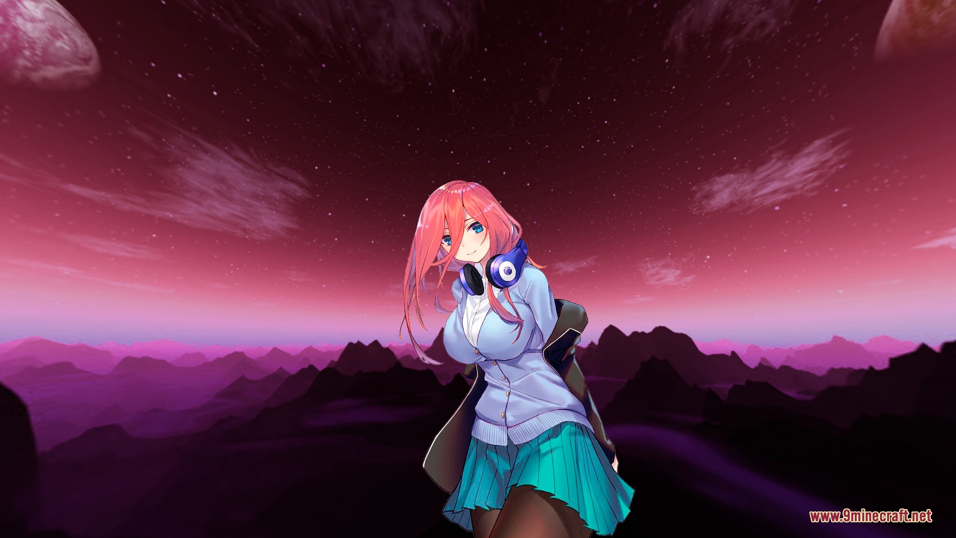 CPvP Miku Nakano Anime Sky Resource Pack Screenshot 6 Anime character standing under a purple cosmic sky with planets in the distance