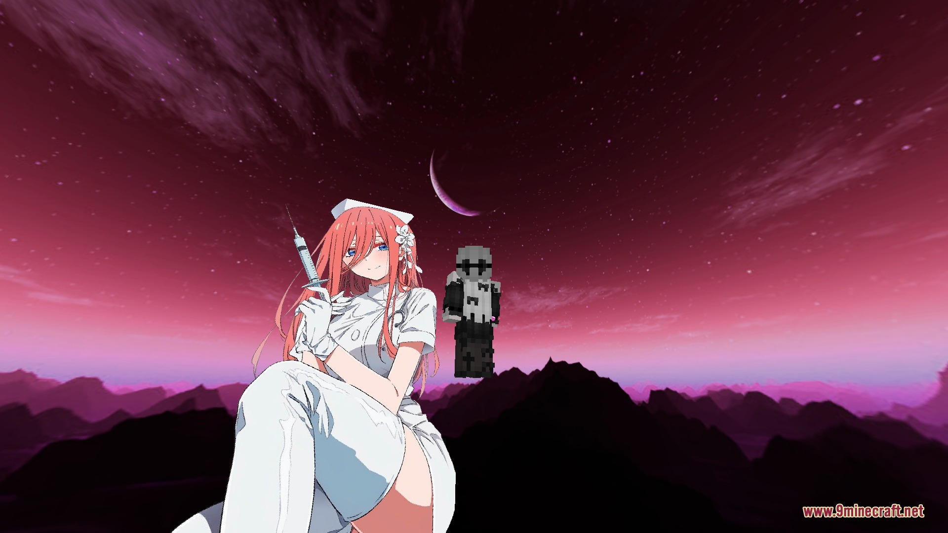 CPvP Miku Nakano Anime Sky Resource Pack Screenshot 7 Anime nurse character holding a syringe against a pink and purple Minecraft night sky