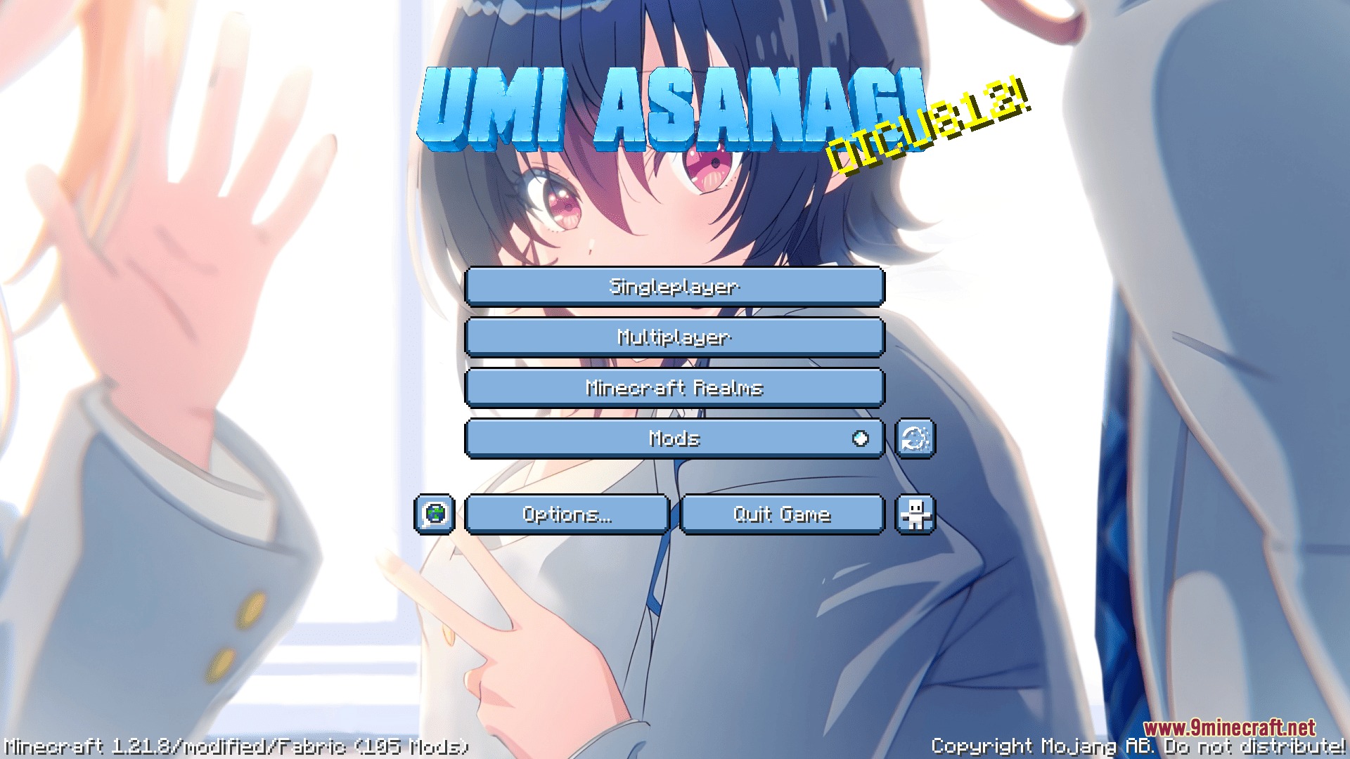 CPvP Umi Asanagi Anime Sky Resource Pack Screenshot 2 Minecraft main menu screen with a custom blue anime character background theme