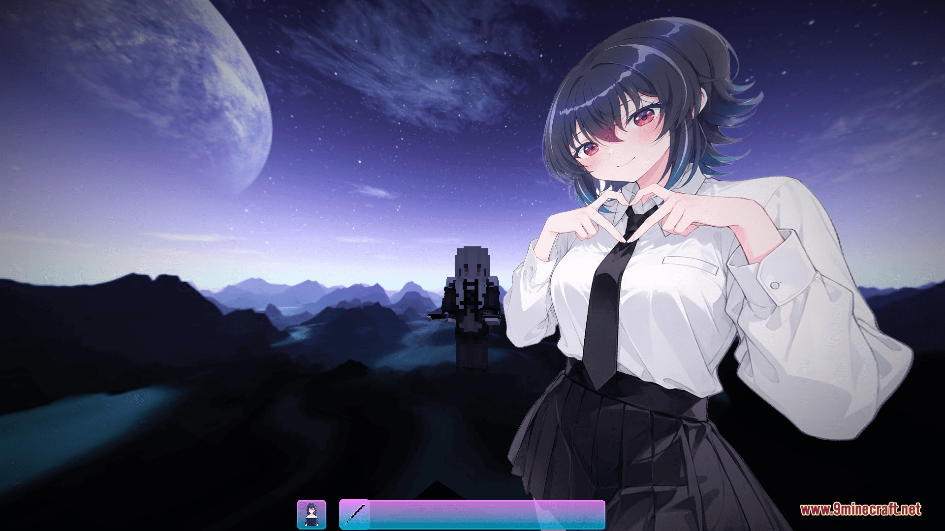 CPvP Umi Asanagi Anime Sky Resource Pack Screenshot 5 Anime girl making a heart gesture against a custom starry night sky