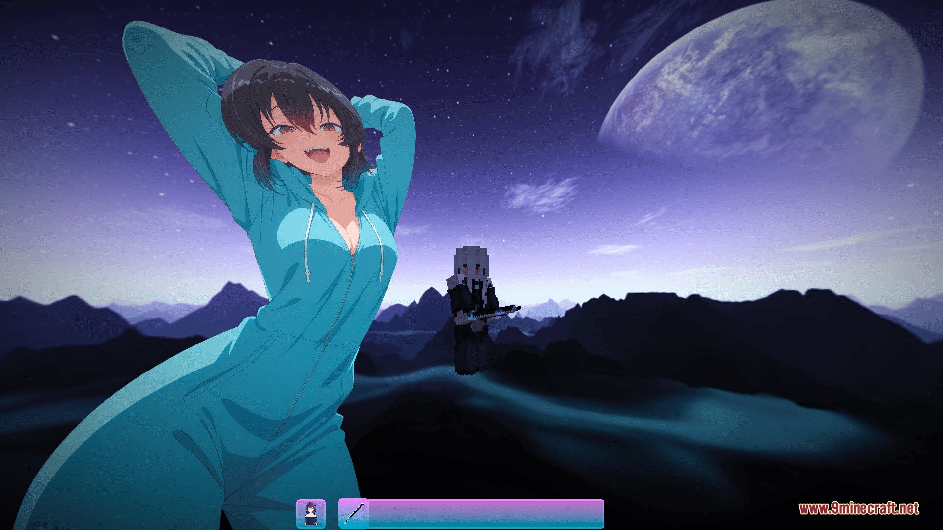CPvP Umi Asanagi Anime Sky Resource Pack Screenshot 6 Anime girl stretching her arms under a large moon in a Minecraft world