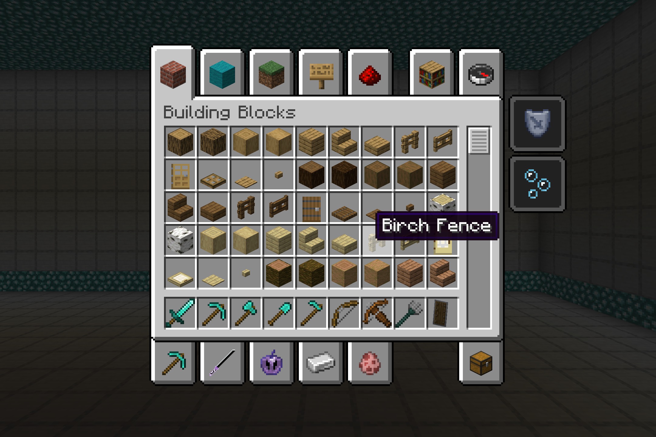 CPvP Waguri Kaoruko Pack + Anime Sky Resource Pack Screenshot 1 A custom purple creative inventory screen showing various building blocks and tools