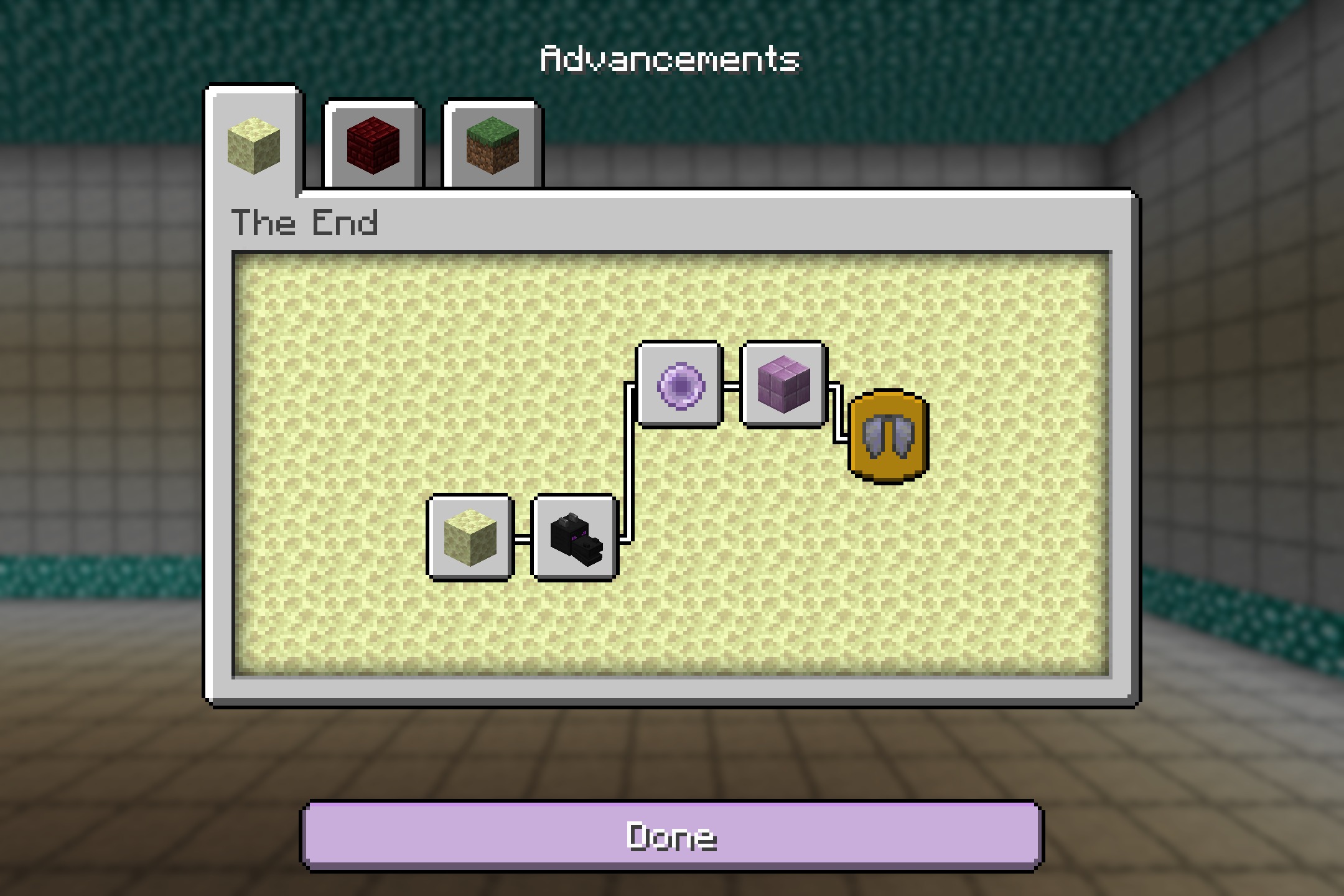 CPvP Waguri Kaoruko Pack + Anime Sky Resource Pack Screenshot 2 The End advancements menu featuring a custom purple theme and progression icons