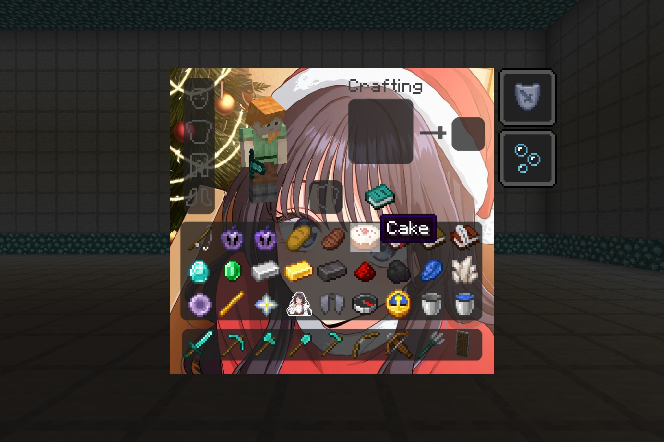 CPvP Waguri Kaoruko Pack + Anime Sky Resource Pack Screenshot 3 Minecraft inventory screen featuring a custom anime background and purple themed item icons