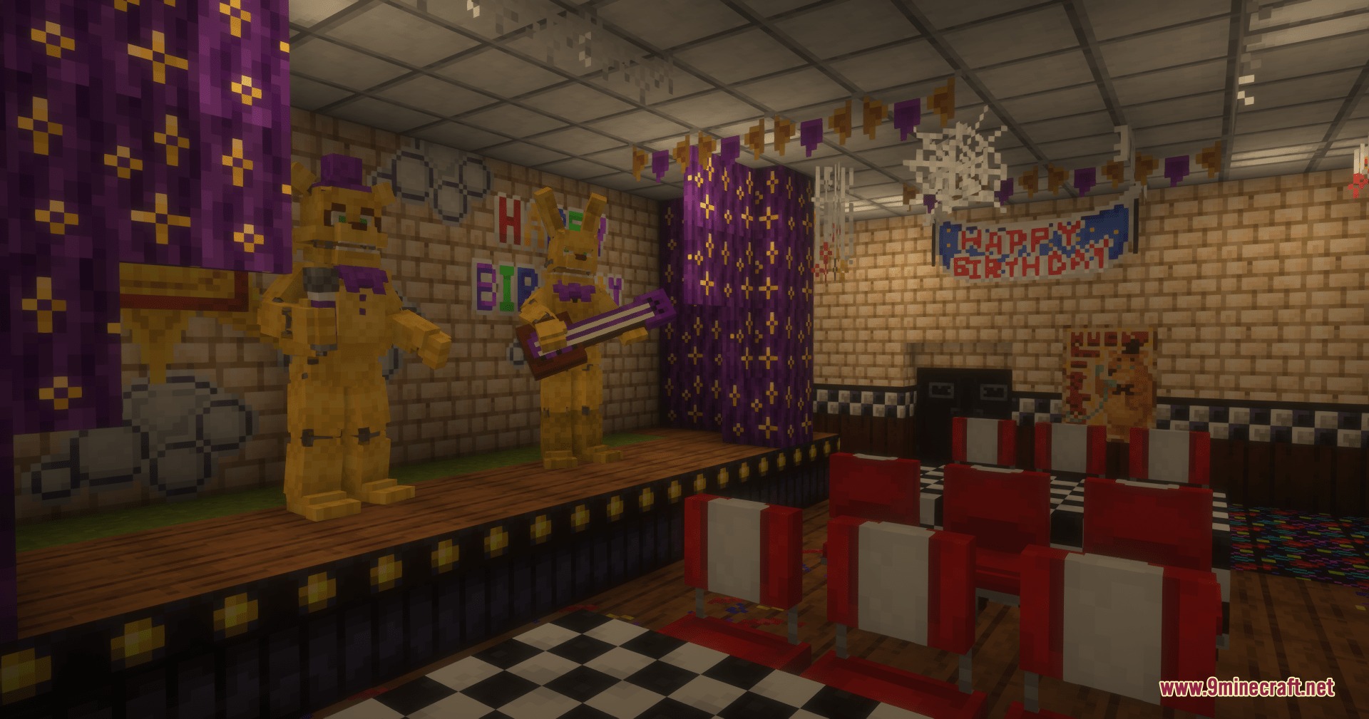 Fredbear and Spring Bonnie animatronics performing on a wooden stage in a pizzeria