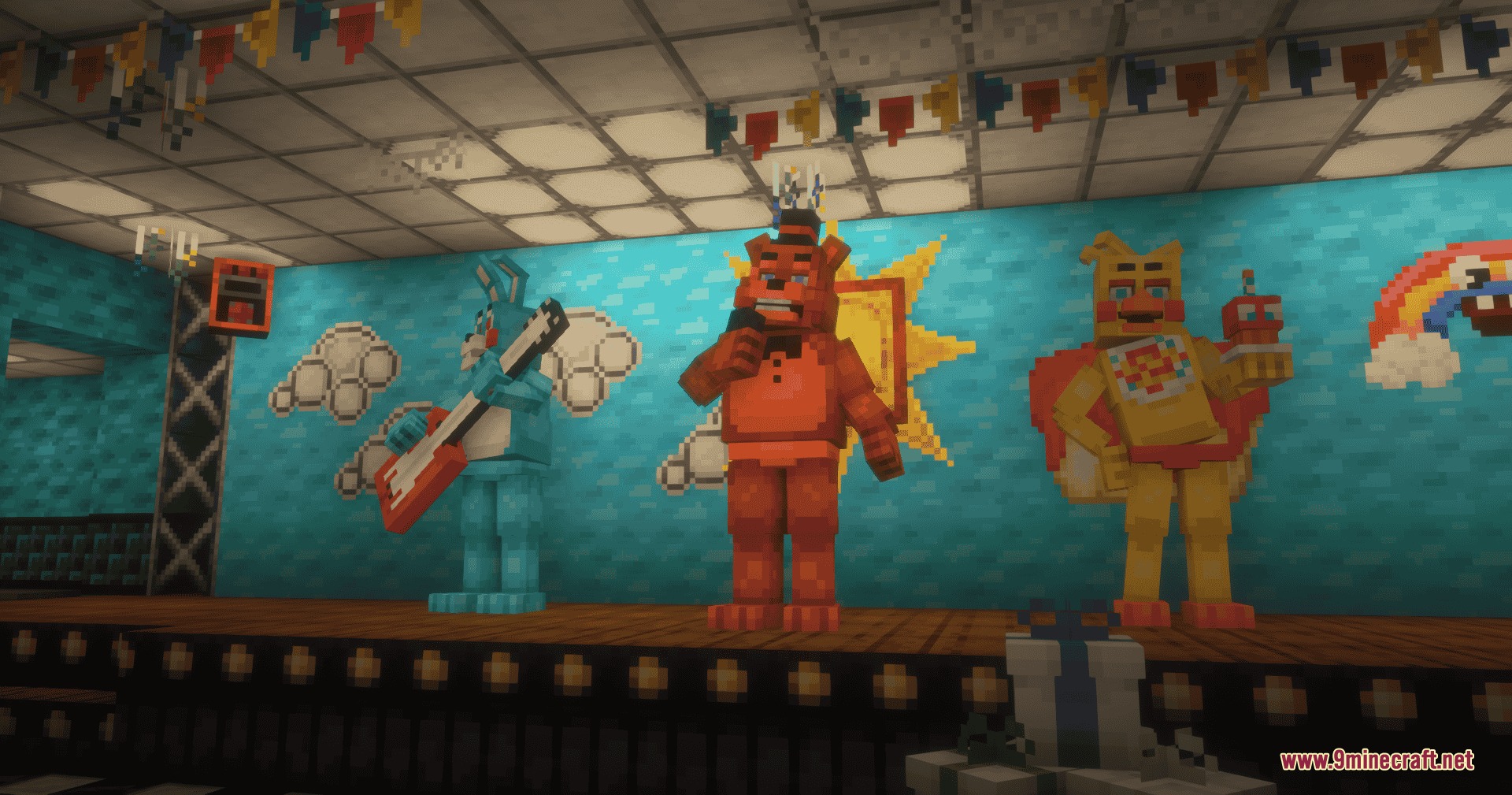 Toy animatronics standing on a stage with a blue cloud patterned wall