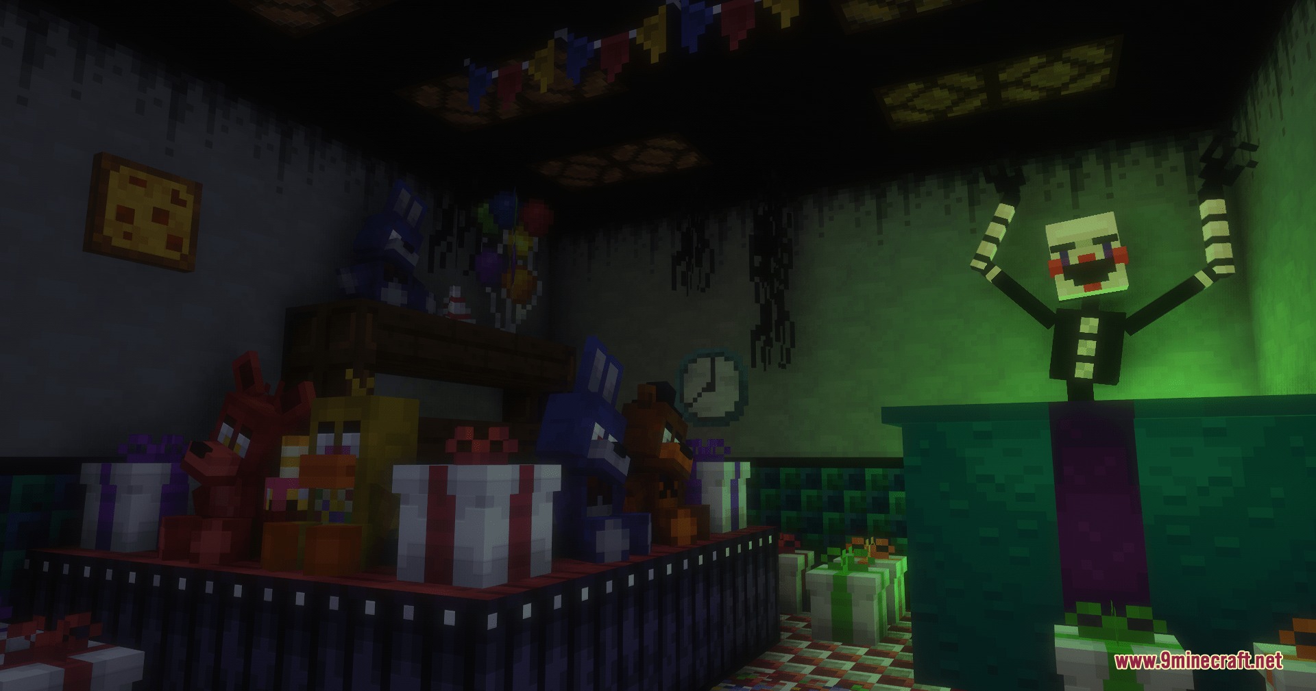 The Puppet emerging from a box surrounded by gifts and animatronic statues