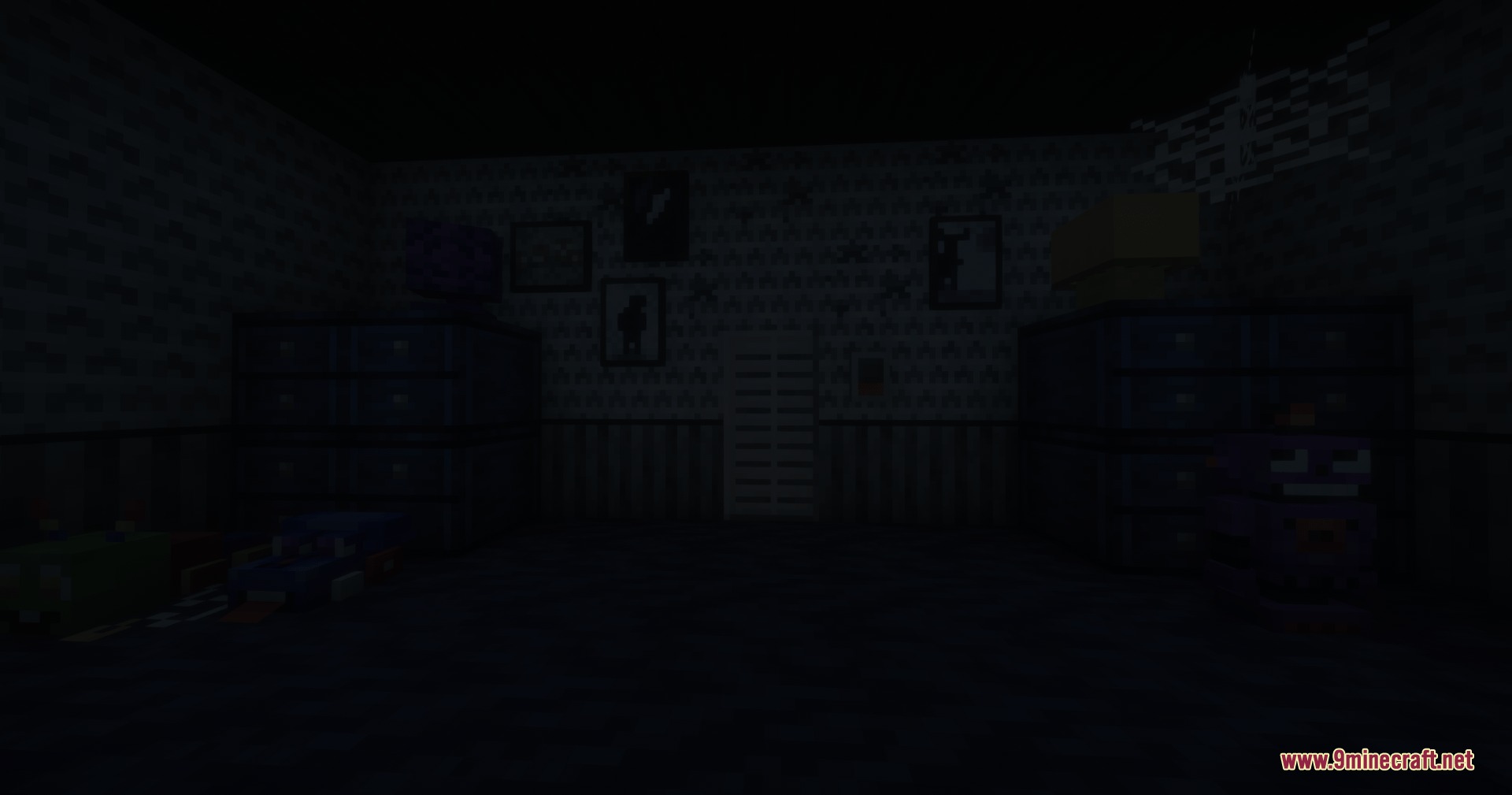 A dark Minecraft bedroom featuring a closet door and spooky furniture
