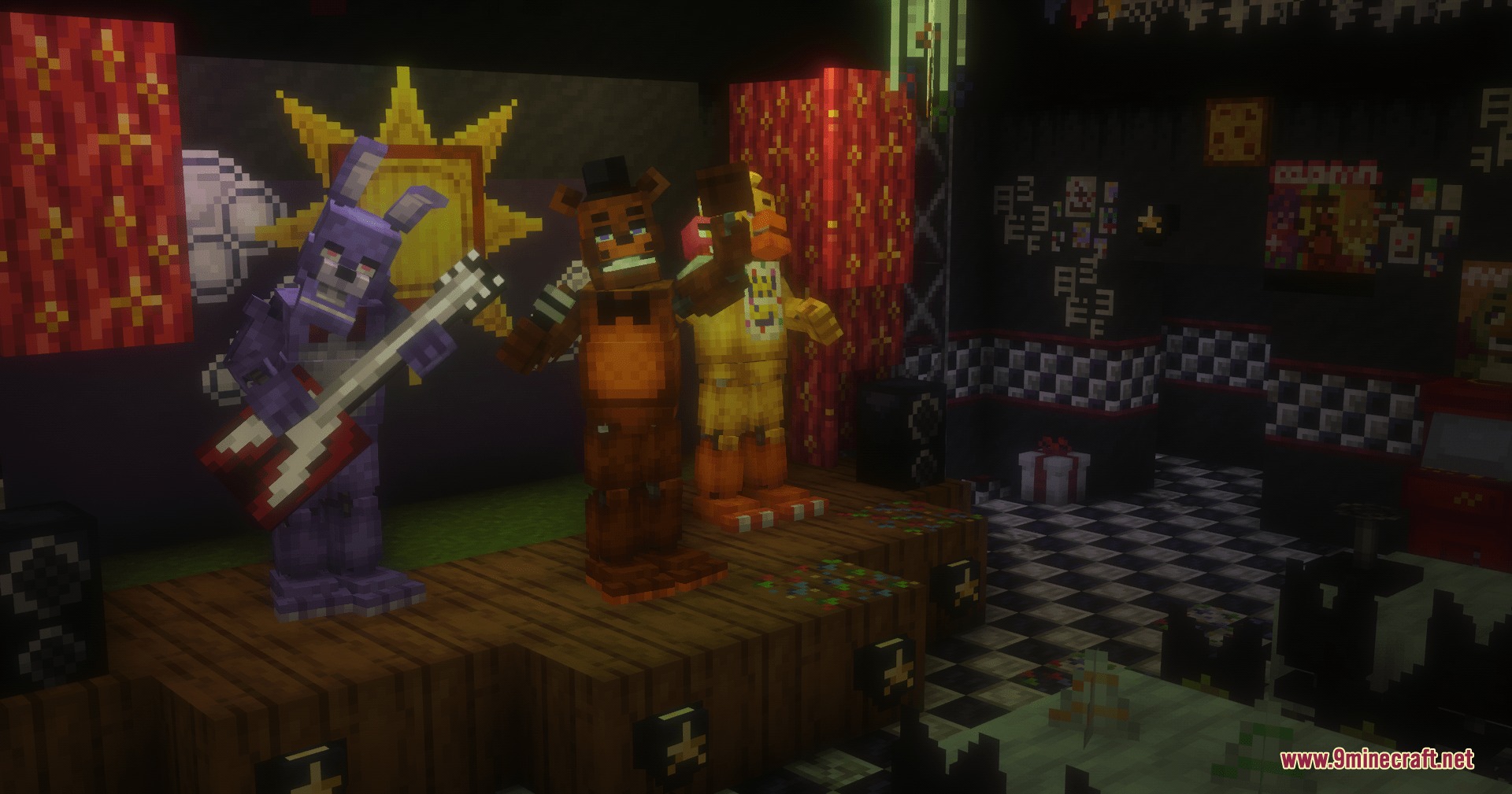 CS F Na F by CoreEmperor Mod Screenshot 2 Classic animatronics Freddy Bonnie and Chica performing on a decorated wooden stage