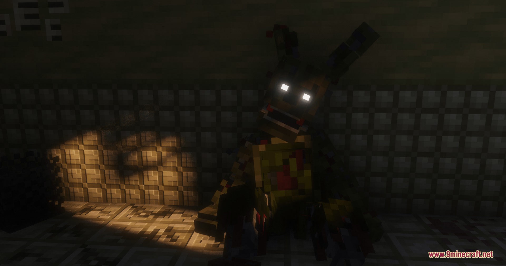 CS F Na F by CoreEmperor Mod Screenshot 5 Springtrap animatronic with glowing eyes sitting in a dark room with tiled walls