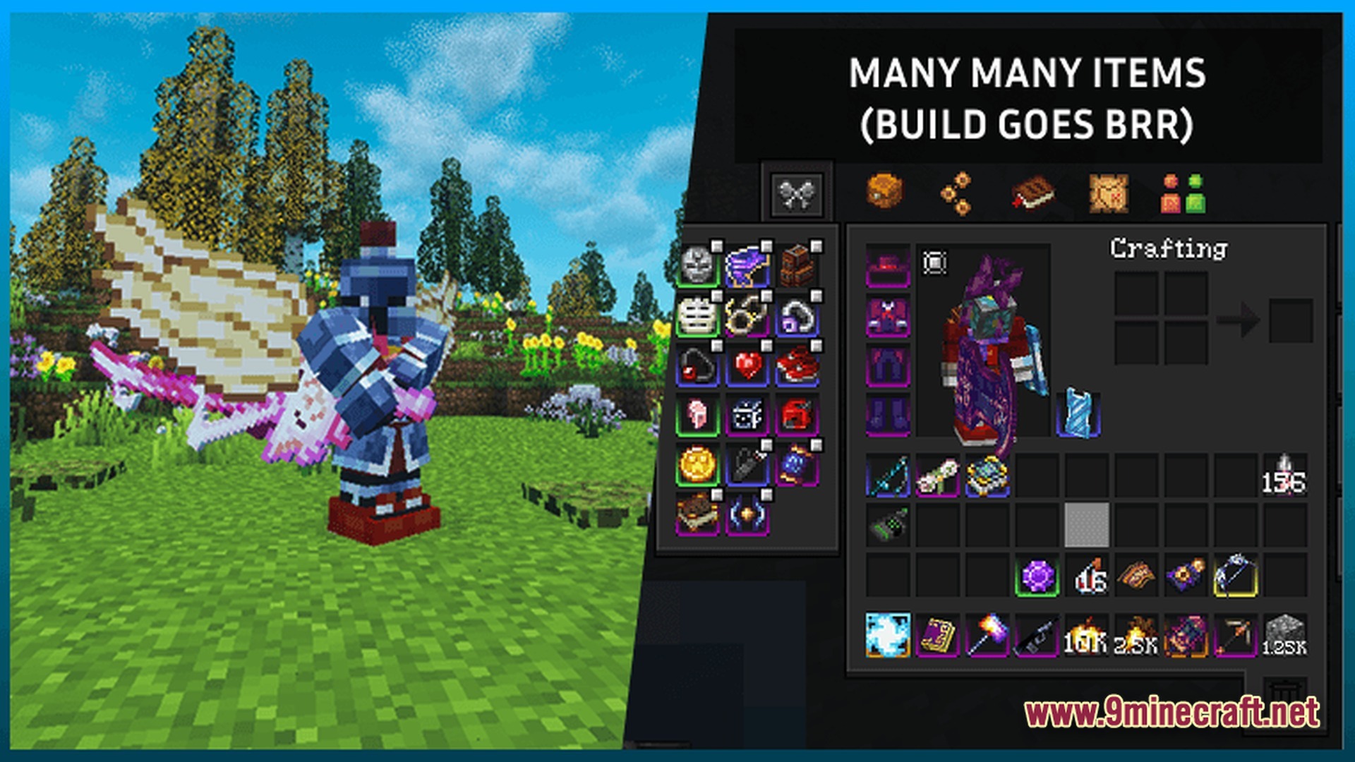 Calamycraft Modpack Screenshot 10 A player character in custom armor and wings, with an open inventory displaying many modded items
