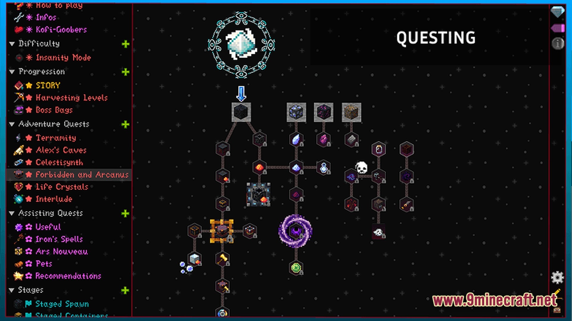 Calamycraft Modpack Screenshot 9 The questing interface displays a branching progression tree for the Forbidden and Arcanus mod
