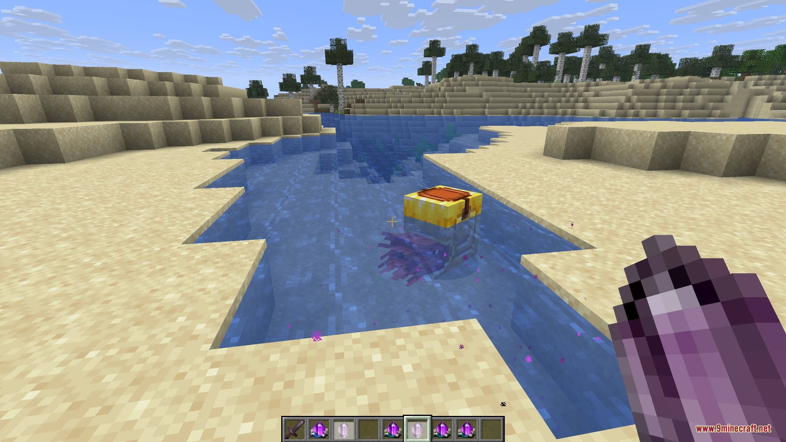 Call of Companions Mod Screenshot 3 Player uses a Call Crystal to summon a saddled nautilus into the water