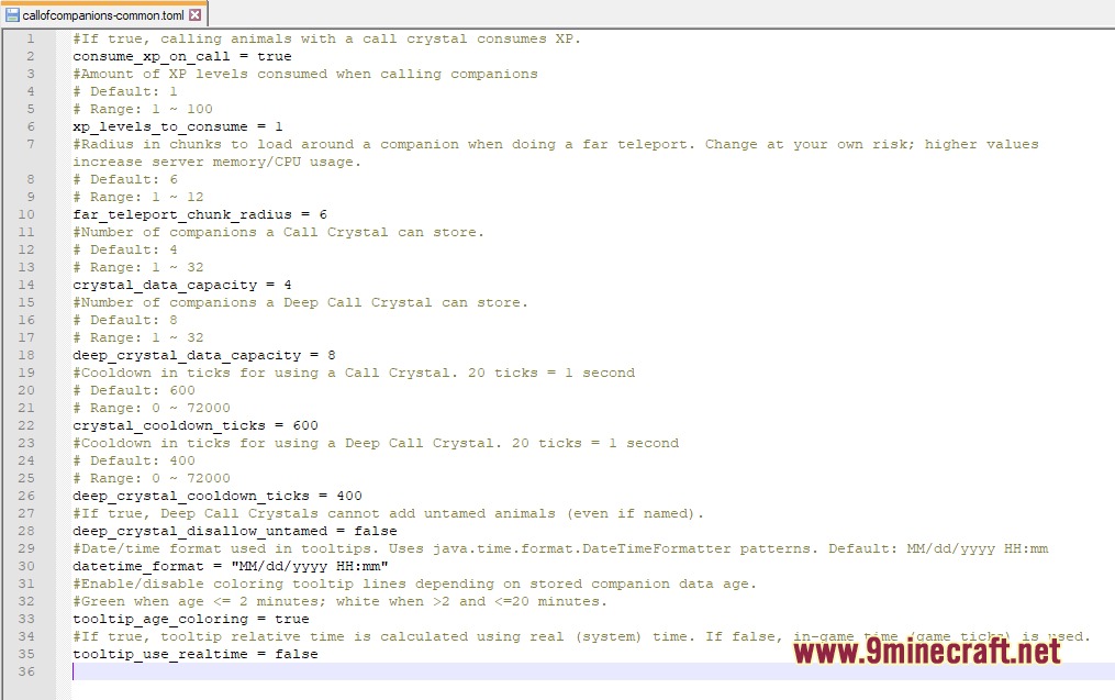 Call of Companions Mod Screenshot 5 Configuration file showing experience point costs and crystal data capacity settings