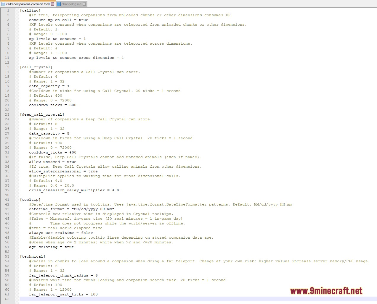 Call of Companions Mod Screenshot 6 Detailed configuration file with sections for call crystals and technical teleportation rules