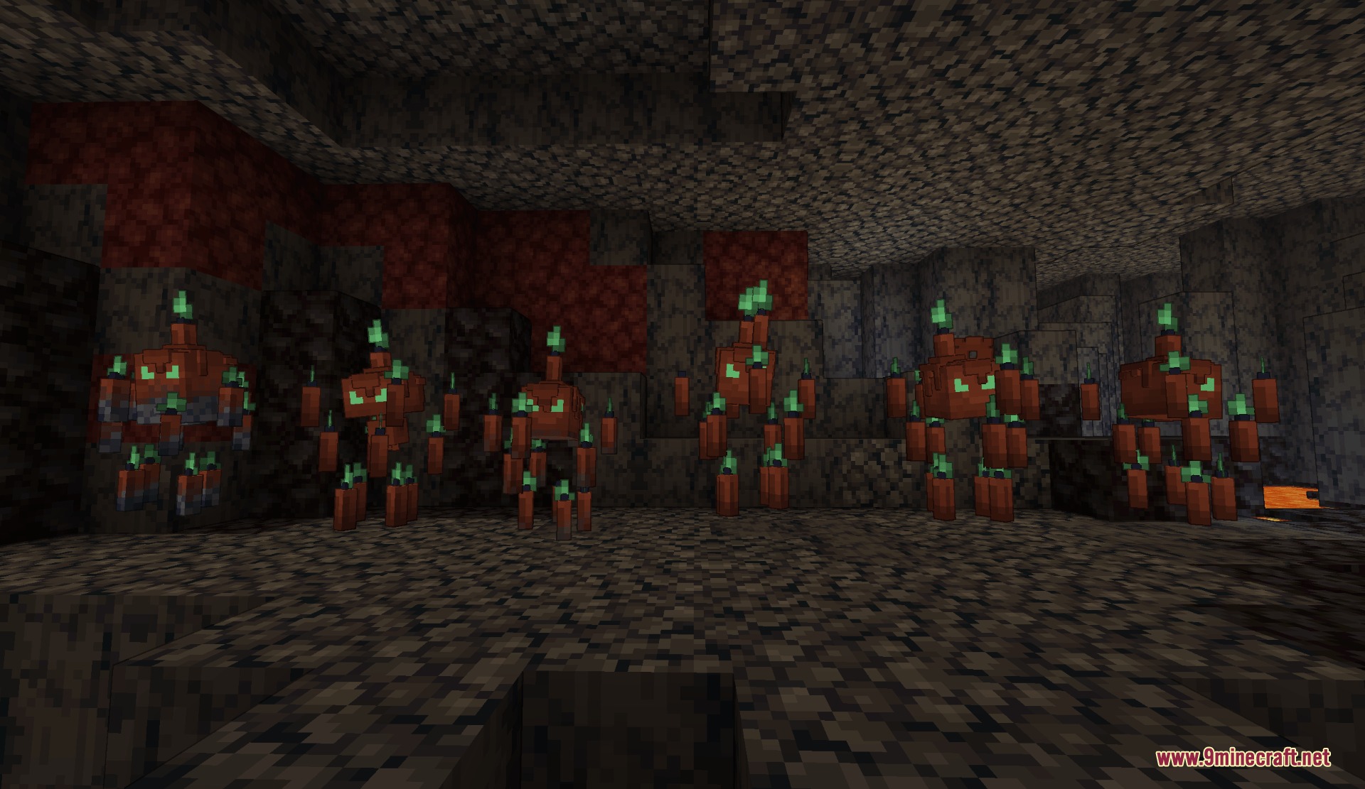 Several orange wax candle monsters with green flames in the Basalt Deltas