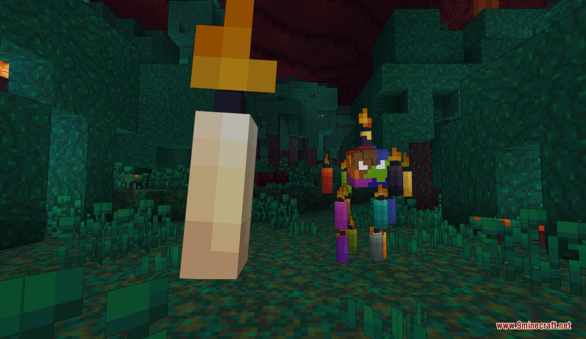 A rainbow colored candle mob standing in a green warped forest biome