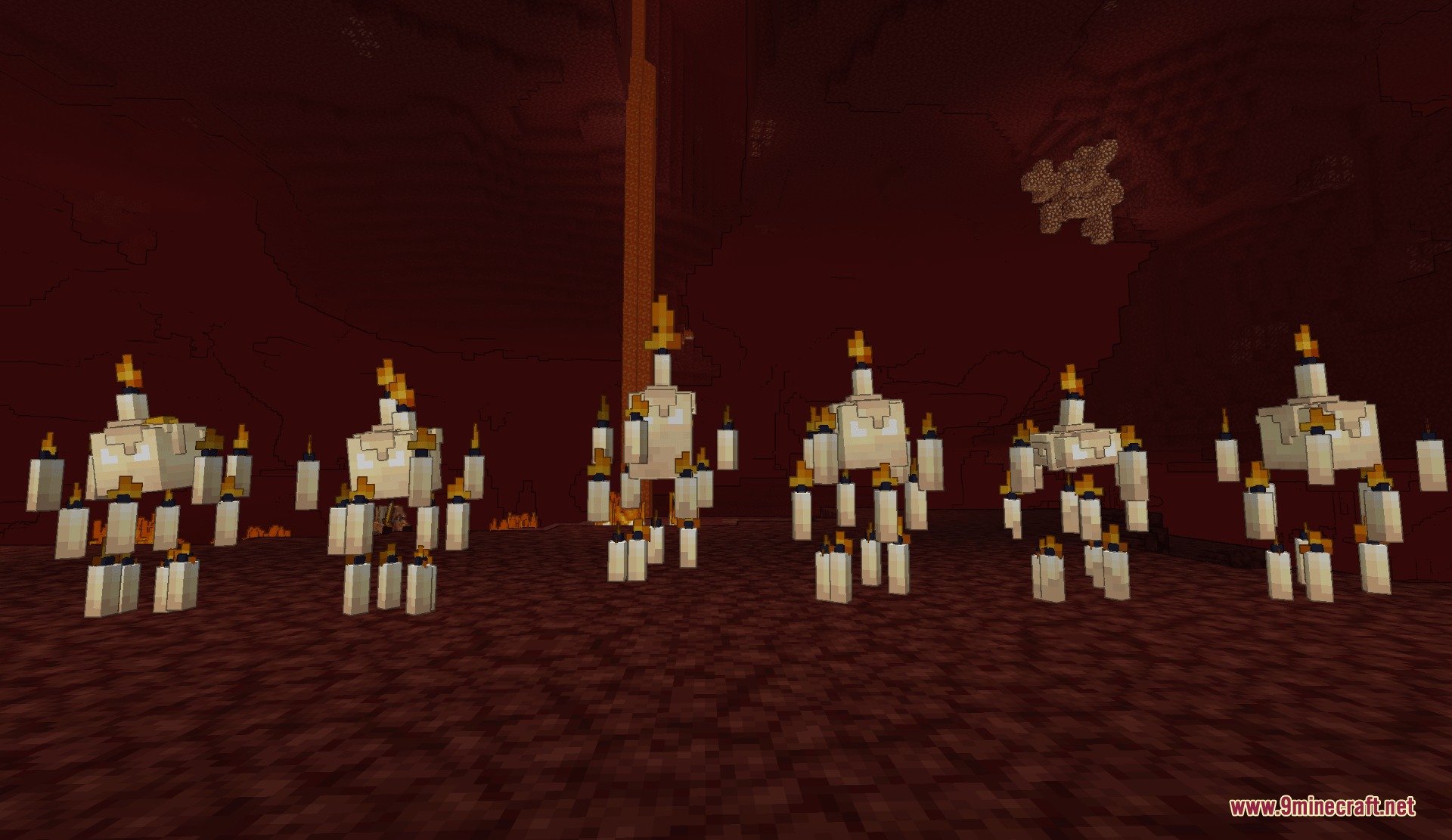 Six different white candle blaze variants standing in the nether dimension