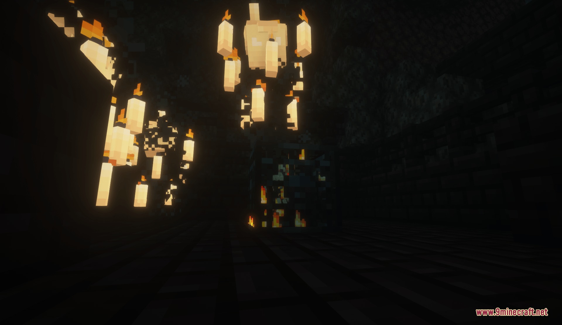 Floating lit candles replace the Blaze mob in a dark Minecraft dungeon