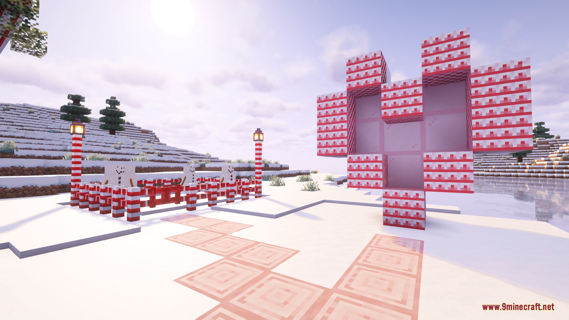 Candy Cane Fun Resource Pack Screenshot 3 Red and white striped blocks form a festive building in a snowy biome